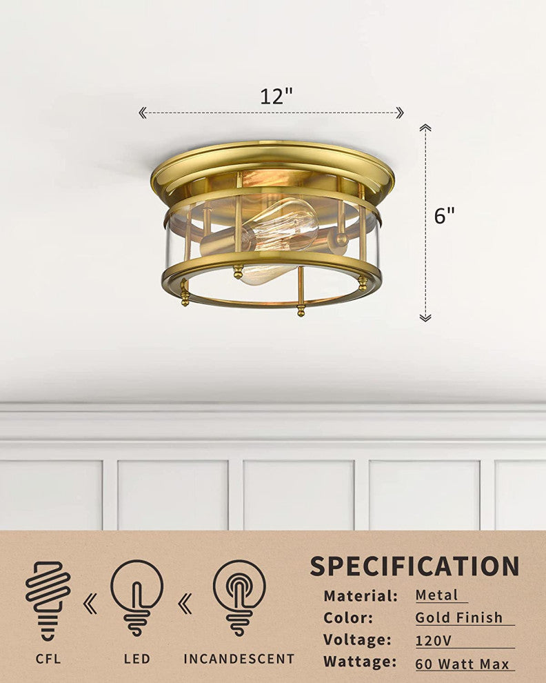 2 Light Ceiling Light, Flush Mount, Gold