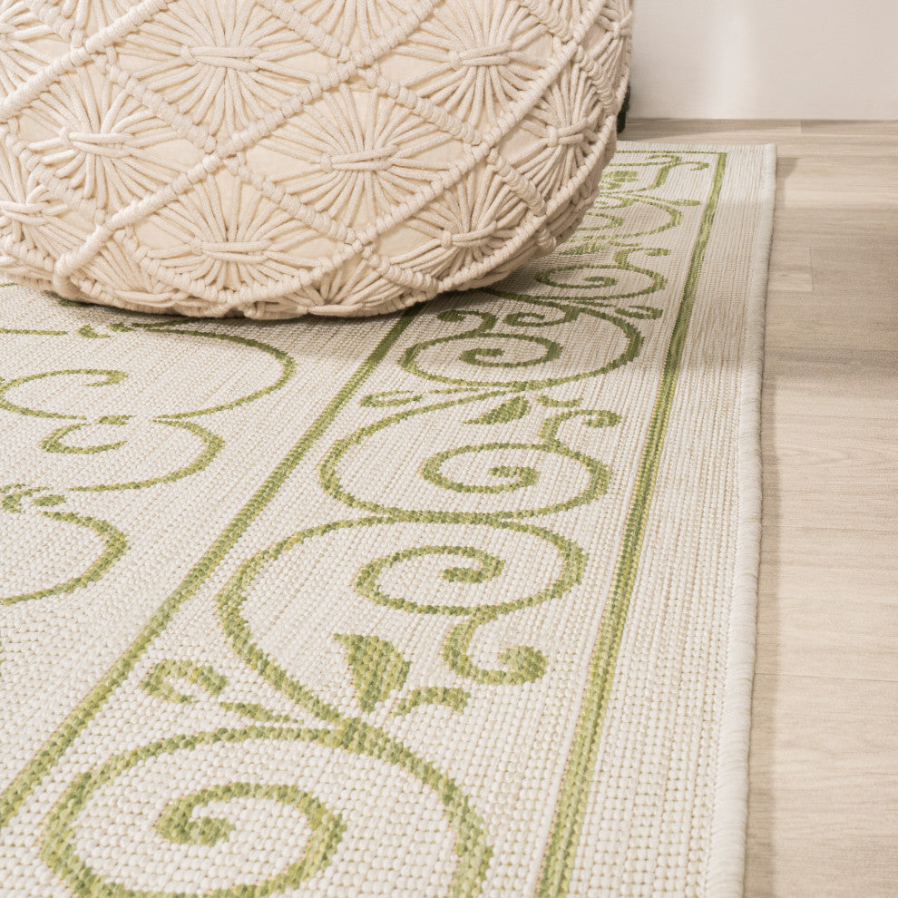 Charleston Filigree Textured Weave Indoor/Outdoor, Cream/Green, 2 X 10