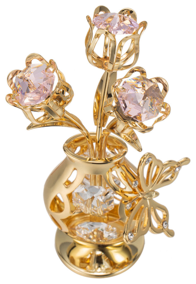 Matashi 24K Gold Plated Flower Ornament in Vase w Crystals Decorative Butterfly