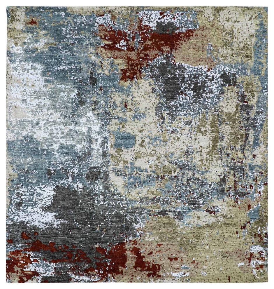 Parchment Color, Hand Knotted Abstract Design, Soft Wool Square Rug, 8'0"x8'5"