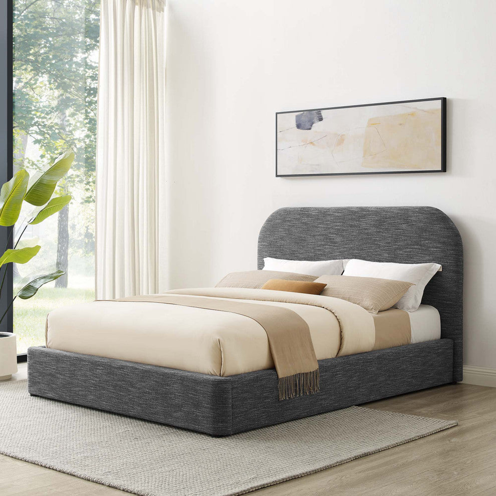 Keynote Upholstered Fabric Curved Queen Platform Bed, Heathered Weave Slate