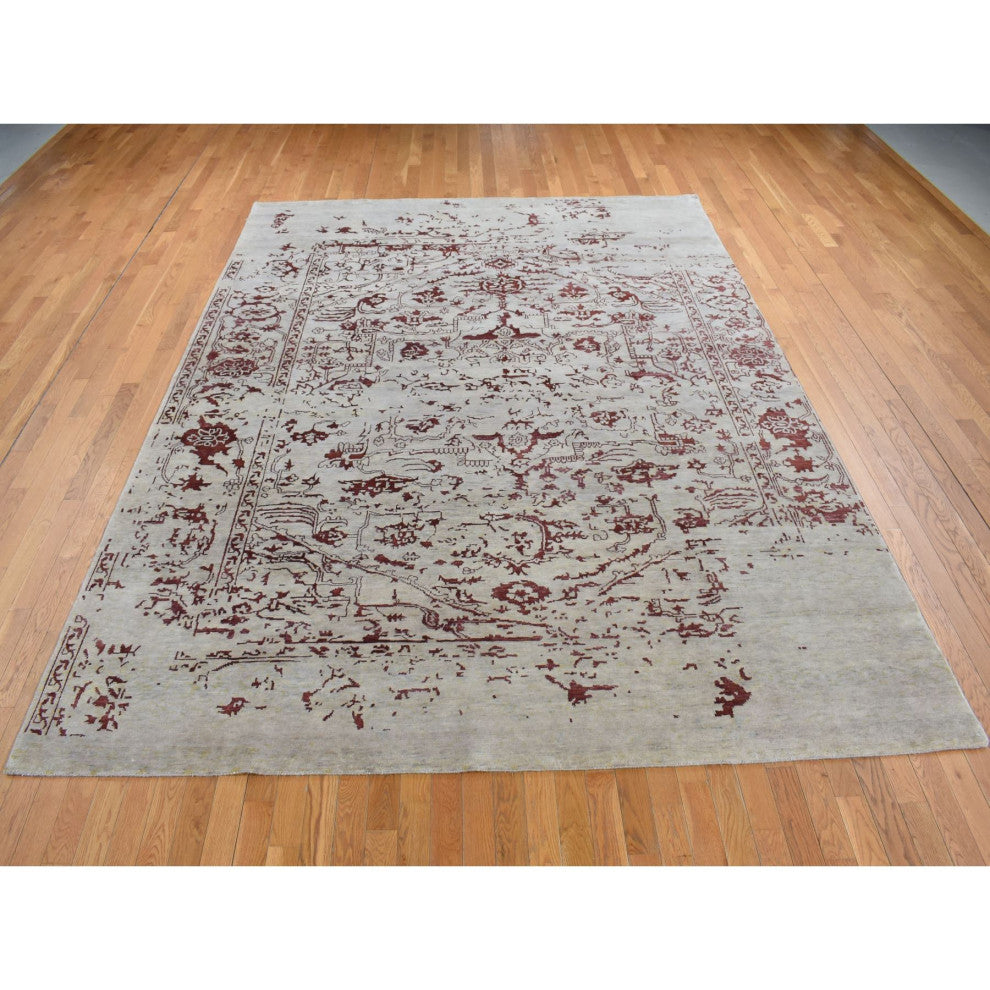 Beige Broken Heriz Design Wool and Silk Hand Knotted Oriental Rug 9'x11'9"