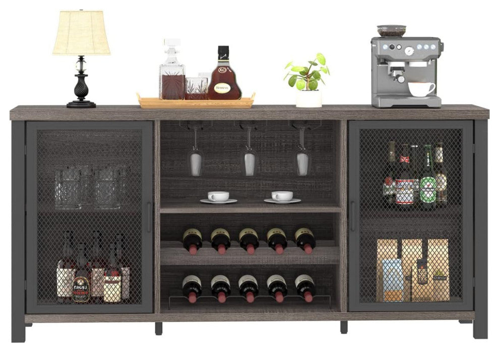 Rustic Bar Cabinet With Bottle Storage and Double Mesh Door Design, Dark Gray Oak