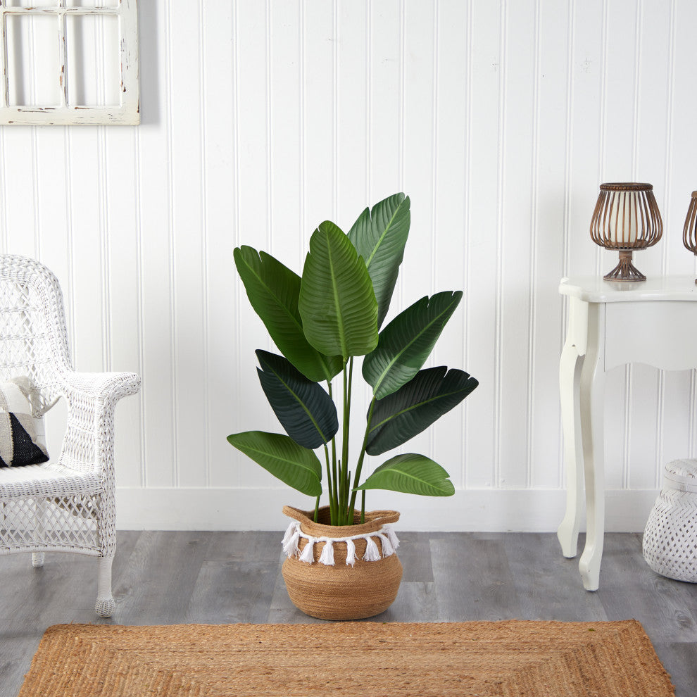 4' Travelers Palm Artificial Tree in Boho Chic Cotton Woven Planter With Tassels