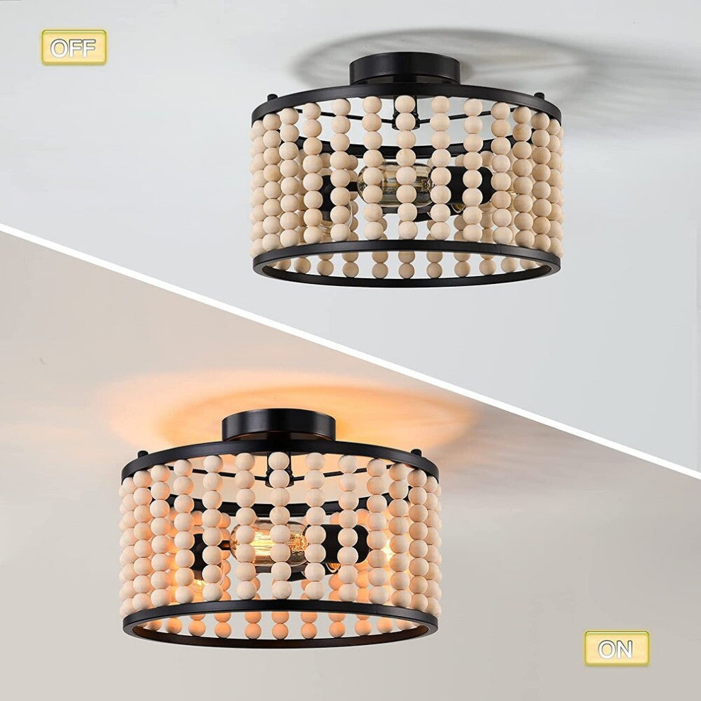 3 Light Wood Beads Ceiling Light Fixture, Farmhouse, Boho, Black