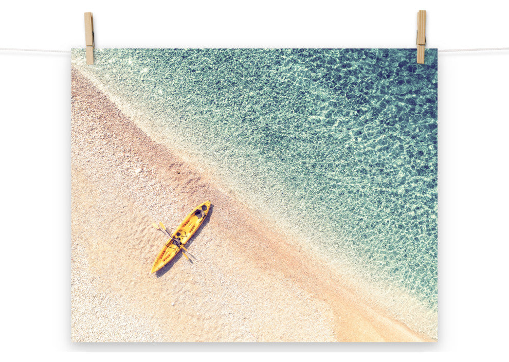 Yellow Canoe & Blue Sea with Soft Violet Effect Landscape Photo Loose Art Print, 16" X 20"