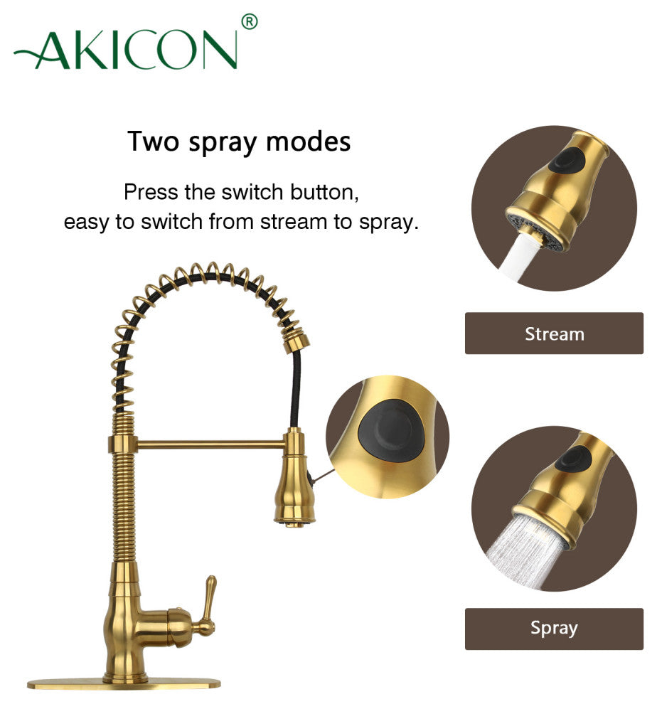 Copper Pre-Rinse Spring Kitchen Faucet with Pull Down Sprayer, Brushed Gold