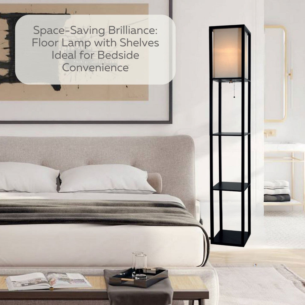 Floor Lamp with Shelves 63" Tall Wood with White Linen Shade