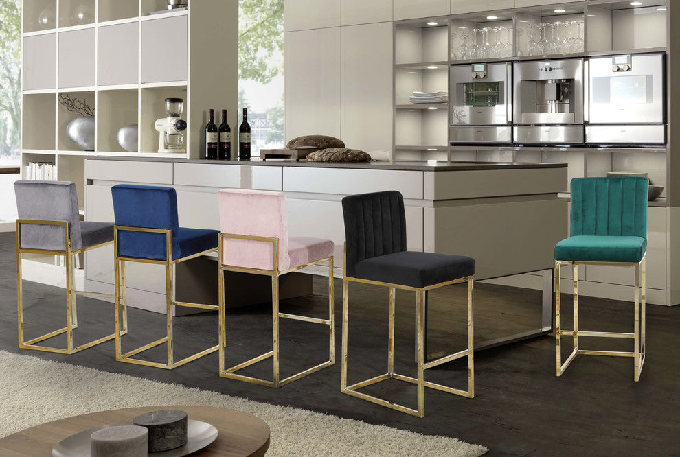 Giselle Velvet Counter Stool, Black, Gold Base