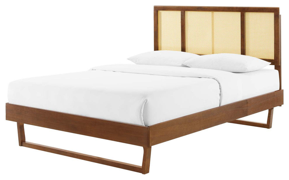 Platform Bed Frame, Full Size, Wood, Brown Walnut, Modern Mid-Century, Bedroom