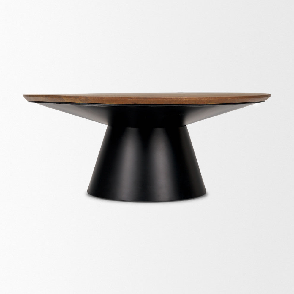 Mitchell Black Metal Pedestal Base With Brown Wood Top Coffee Table