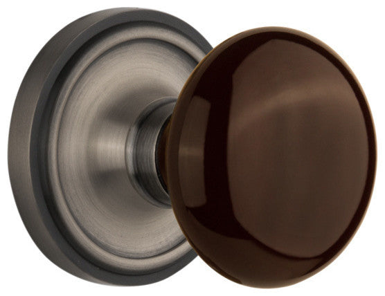 Classic Rosette Privacy Brown Porcelain Knob, Antique Pewter
