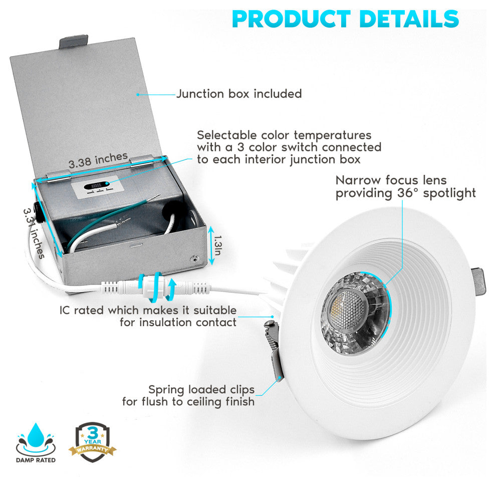 Luxrite 4" LED Recessed Light J-Box 15W 3 Color Options Dimmable 4 Pack