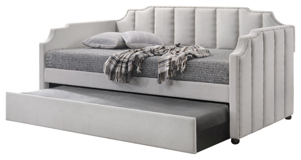 Benzara BM214913 Fabric Twin Size Daybed Channel Tufting & Nailhead Trim, Gray