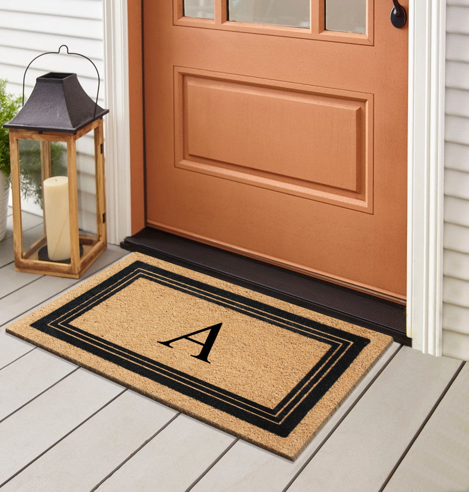 A1HC Natural Coir Monogrammed Triple Border Flock Durable Doormat, 18"x30", A