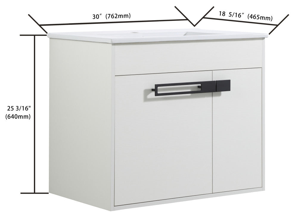 Freestanding/Floating Bathroom Vanity With white Ceramics Top, White, 30"