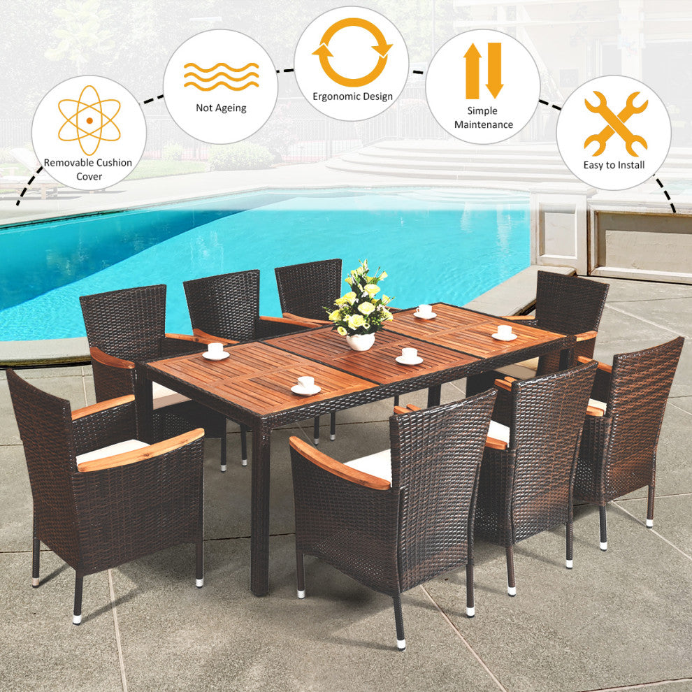 9PCS Patio Rattan Dining Set  8 Chairs Cushioned Acacia Table Top