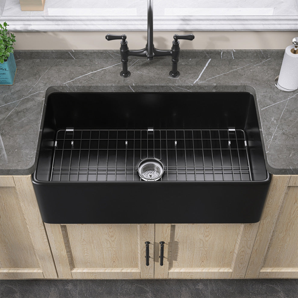 36"x20" Apron Front Single Bowl Farm Fireclay Kitchen Sink with Accessories
