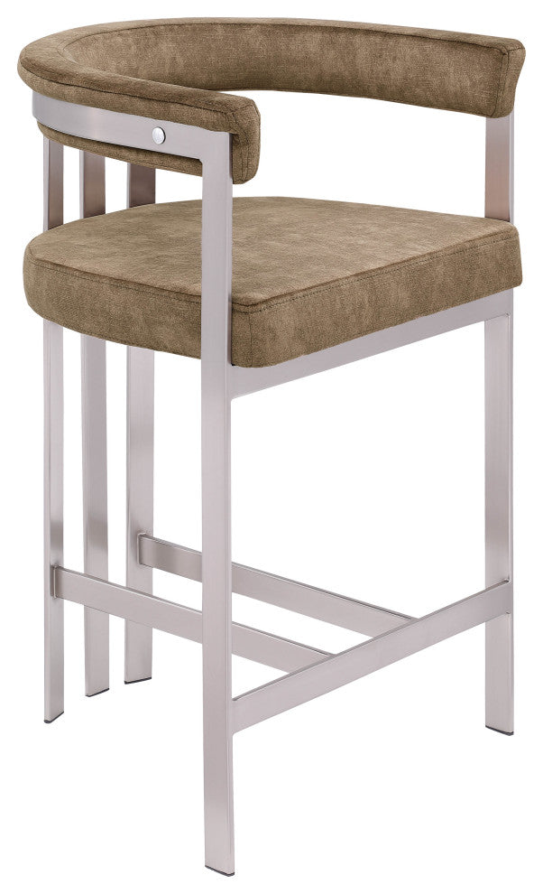 Marcello Upholstered Counter Stool, Brown, Velvet, Brushed Chrome