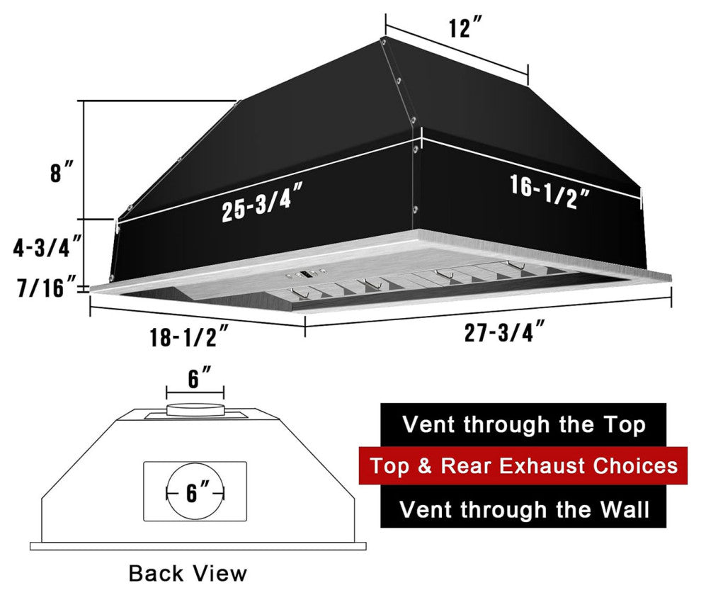 30" Insert/Built-in Stainless Steel Range Hood, Dimmable, 3-Speeds 600CFM, Warm White