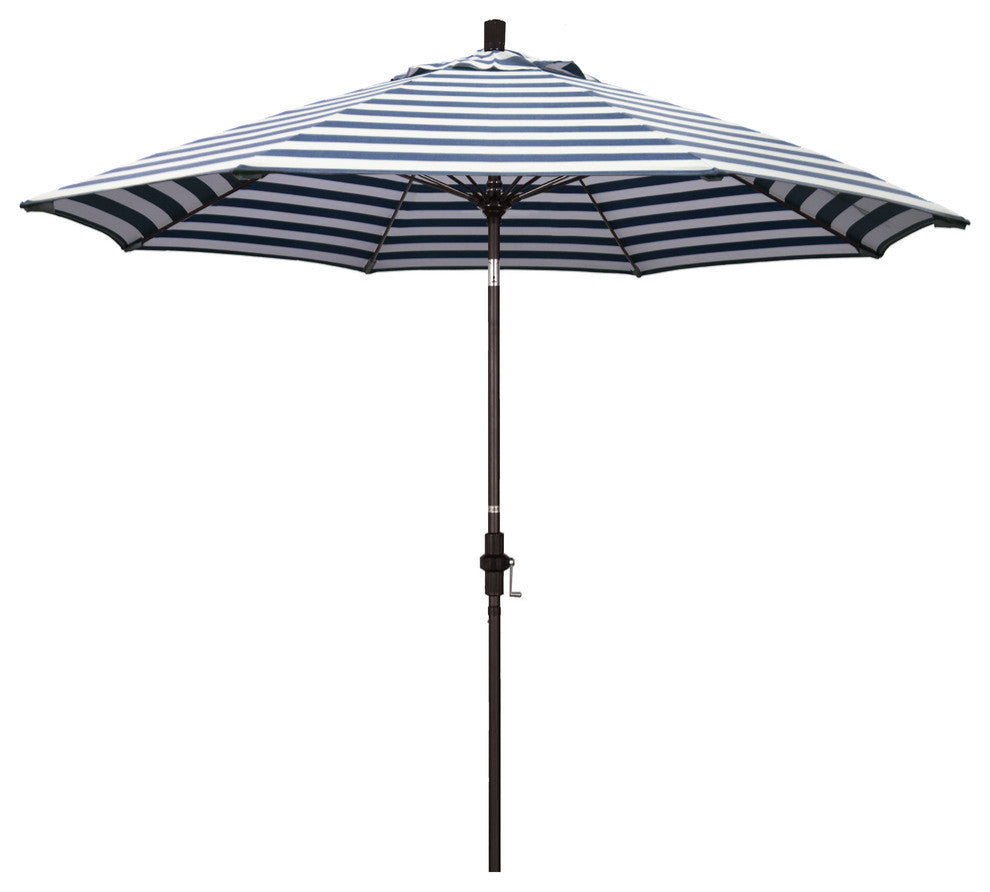 9' Bronze Collar Tilt Lift Fiberglass Rib Aluminum Umbrella, Olefin, Navy White Cabana Stripe
