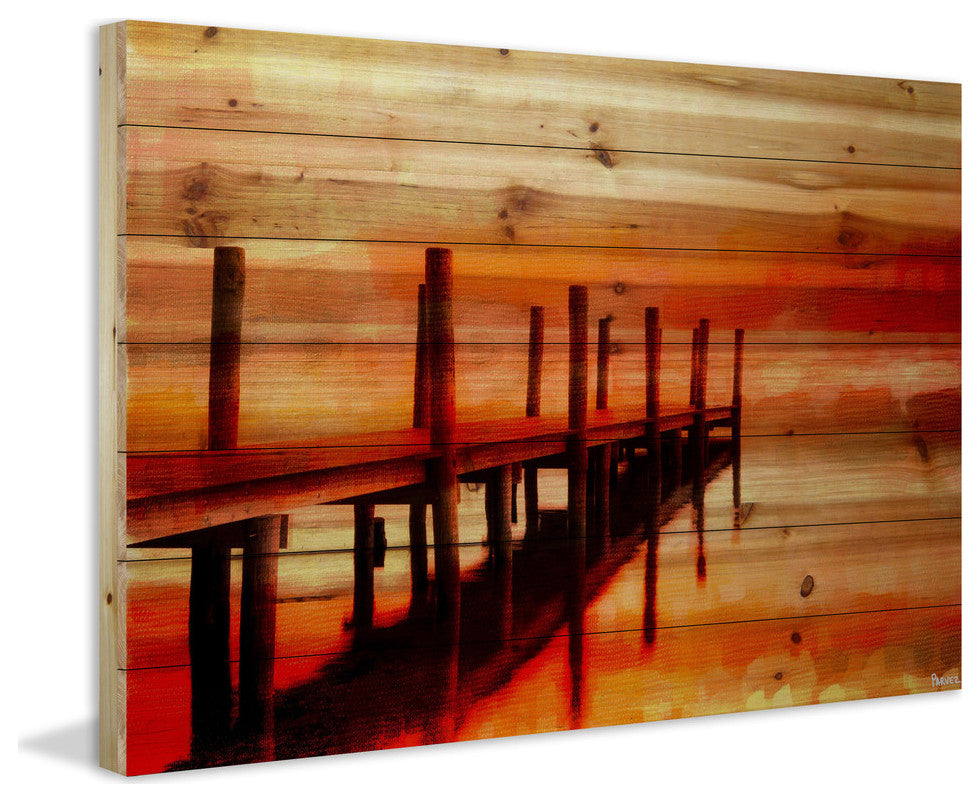 "Sunset Dock" Print on Natural Pine Wood, 60"x40"