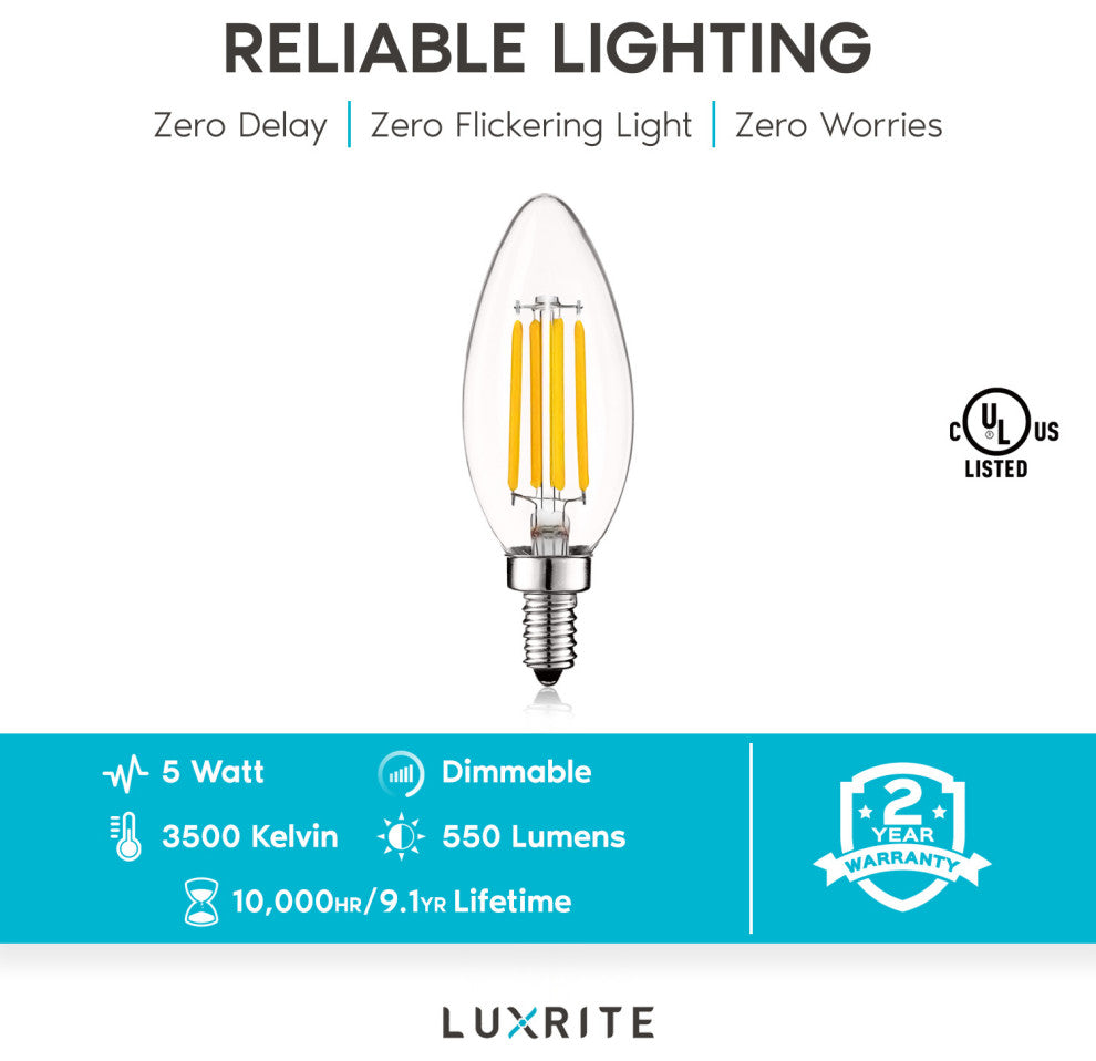 Luxrite Candle LED Bulb 550 Lumens 3500K 5W Dimmable E12 Base 24 Pack