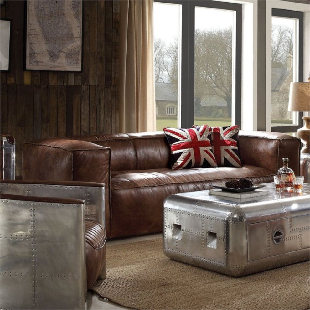 Home Square 2-Piece Set with Leather Sofa and Square Coffee Table