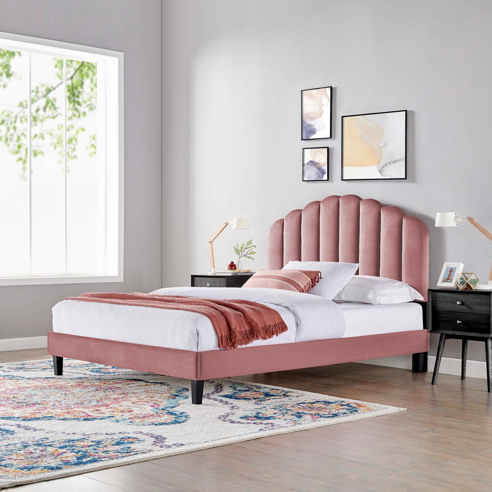 Platform Bed Frame, Queen Size, Pink, Velvet, Modern, Bedroom Guest Suite