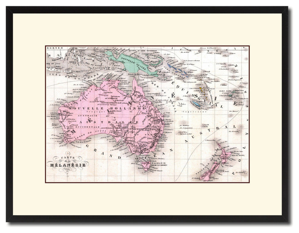 New Zealand, Oceania, Australia Map Print On Canvas With Picture Frame 16" X 21"