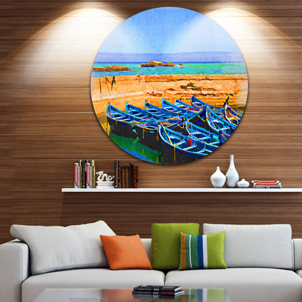 Blue Boats In Sea, Seascape Painting Round Wall Art, 23"
