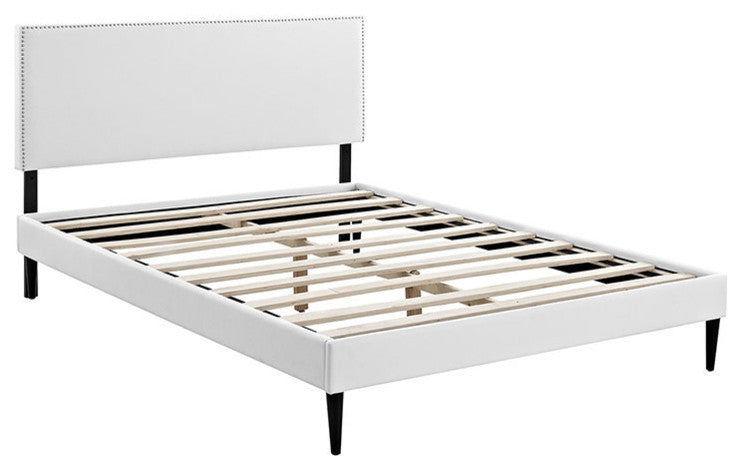 Phoebe Full Vinyl Platform Bed With Round Tapered Legs, White