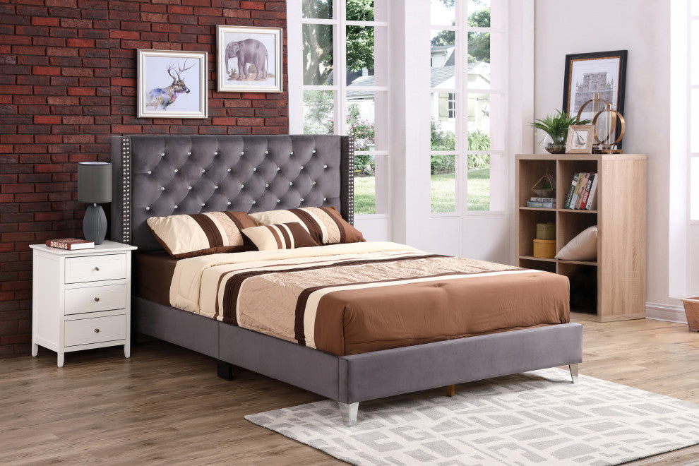 Chester Upholstered Velvet Bed, Gray, Queen