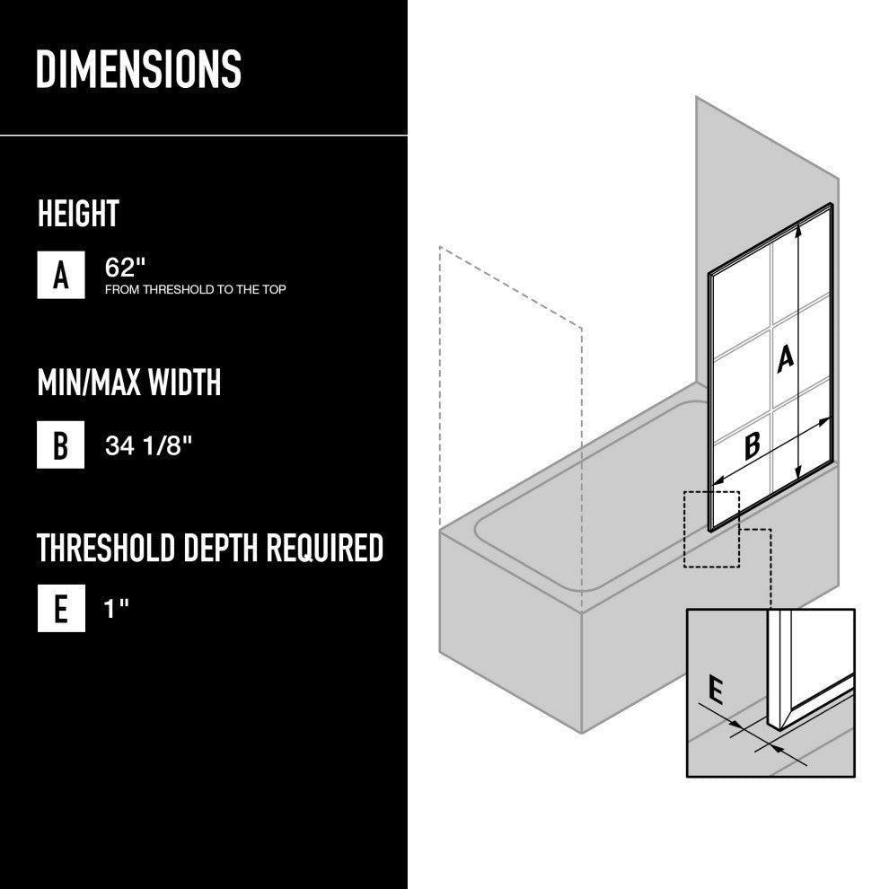 VIGO Ventana 34" W x 62" H Framed Fixed Tub Screen in Matte Black, Clear Glass