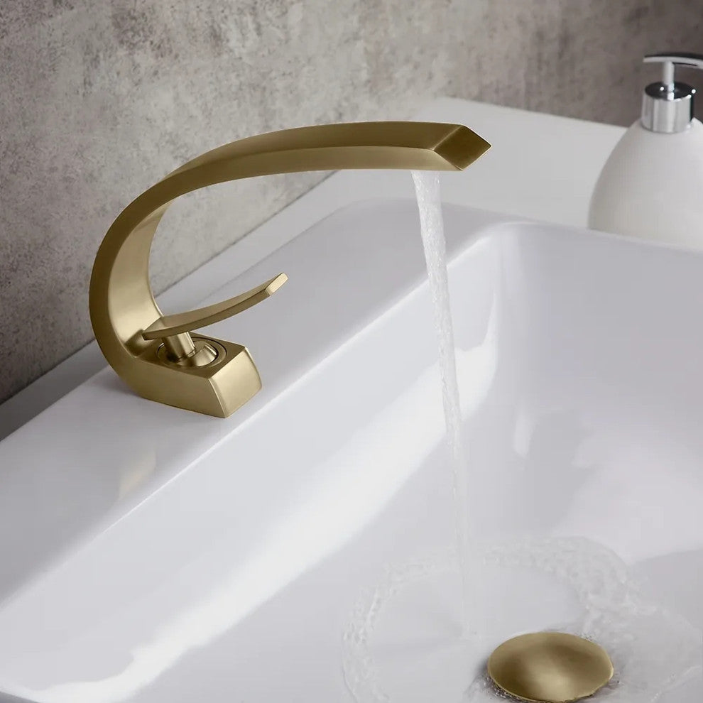 Single Hole 1-Handle Bathroom Sink Faucet Curved Spout with Pop Up Drain, Brushed Gold