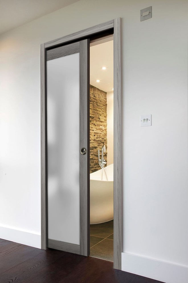 Planum 2102 Interior Sliding Closet Pocket Door 32x84 Ginger Ash Track Pulls