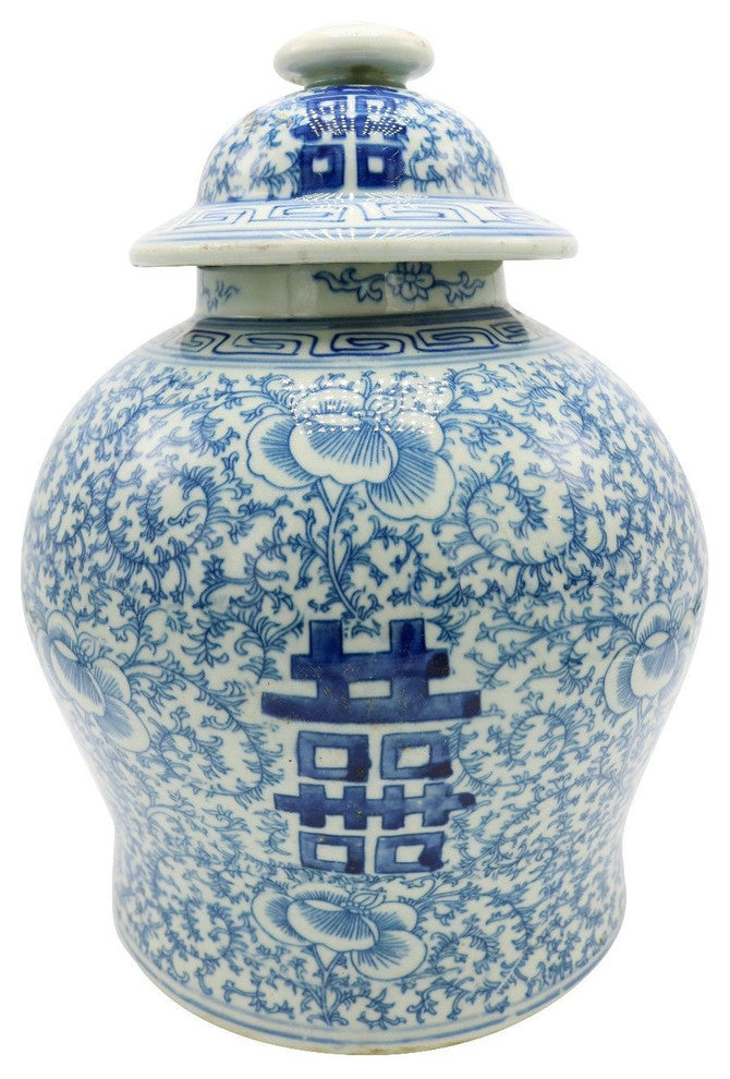 Blue and White Porcelain Double Happiness Chinoiserie Lidded Temple Jar 12"