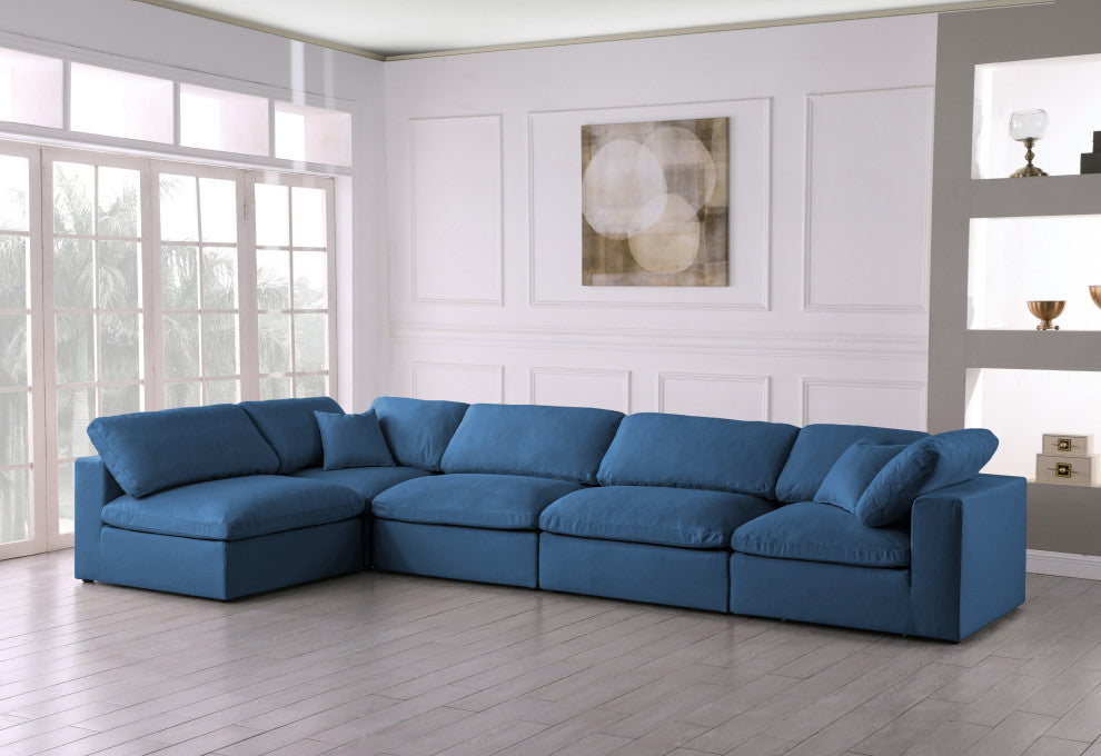 Plush Velvet / Down Standard Comfort L-Shaped Modular Sectional, Navy, 5-Piece: 3 Armless Chair, 2 Corner Chair