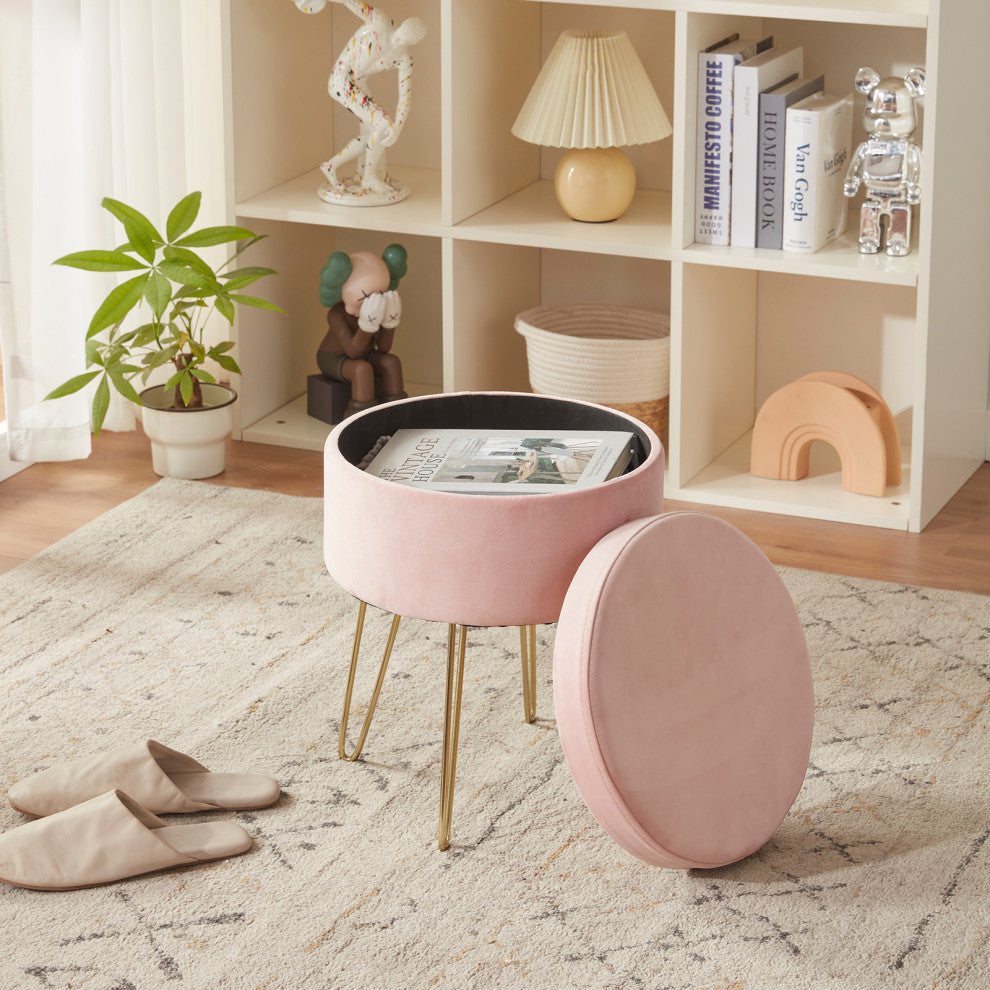 Round Storage Velvet Vanity Stool with Removable Lid, Pink