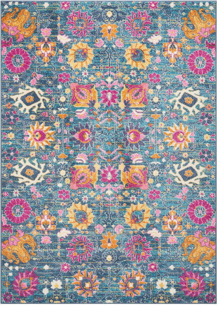 7' X 10' Blue And Orange Floral Power Loom Area Rug