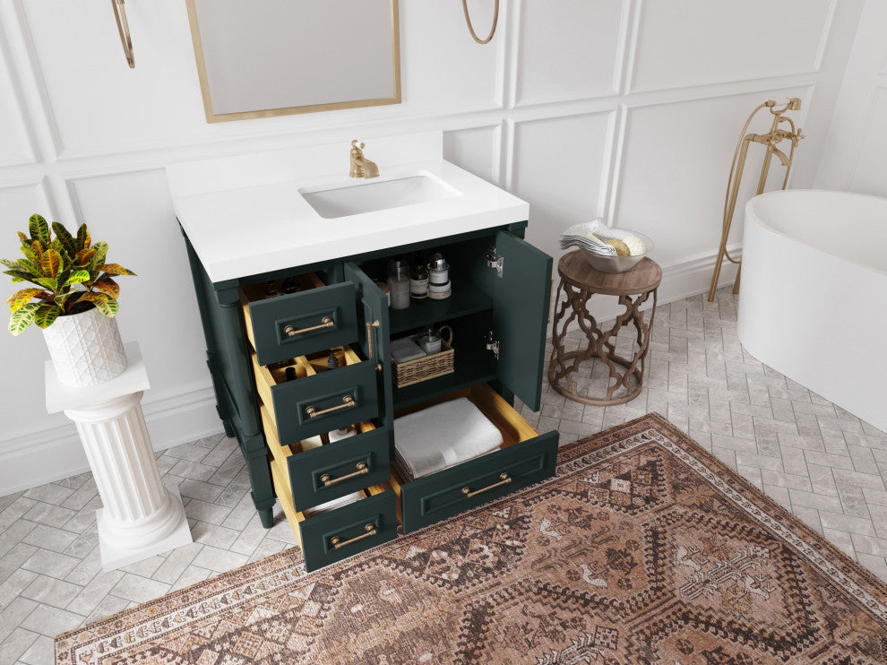 Aberdeen 36 Right Offset Bath Vanity in Dark Forest Green 2" Calacatta Nuvo