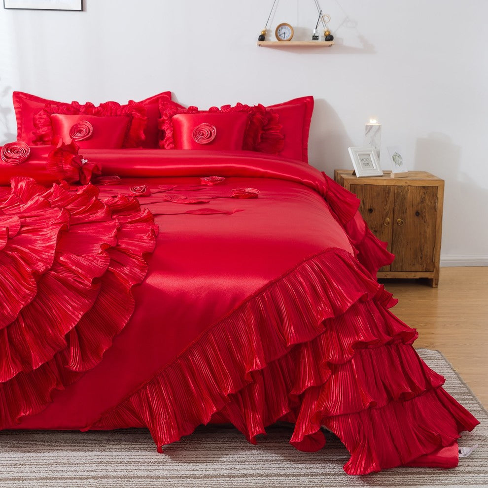 Red Rose Satin Ruffle Floral Romantic Victorian Comforter Bedding Set, Queen