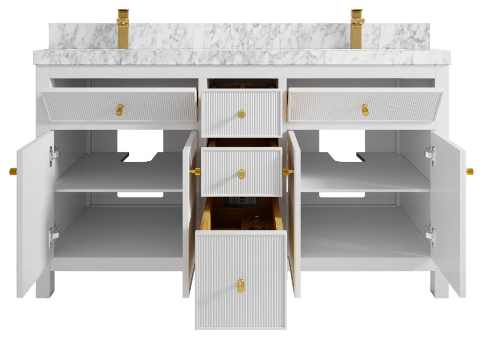 Sonoma 60 Double Sink Reeded Bathroom Vanity in White 2" Carrara Marble