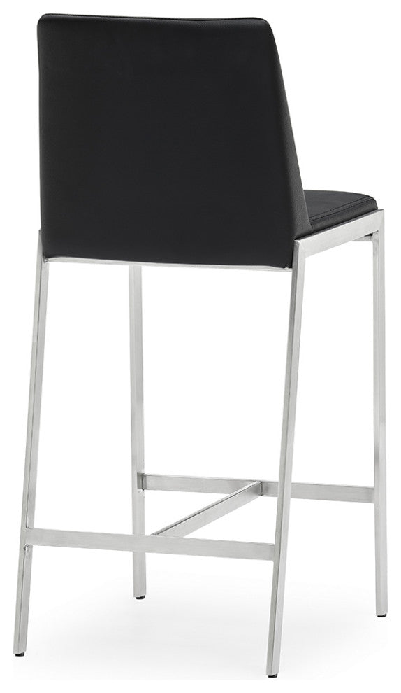 Eliza Leatherette Counter Stool With Polished Stainless Steel Legs, Black