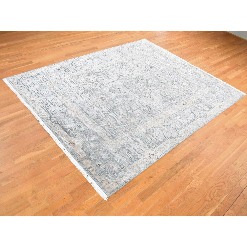 Laurel Green, Mughal Design, Pure Silk Hand Knotted, Oriental Rug, 7'10"x10'2"