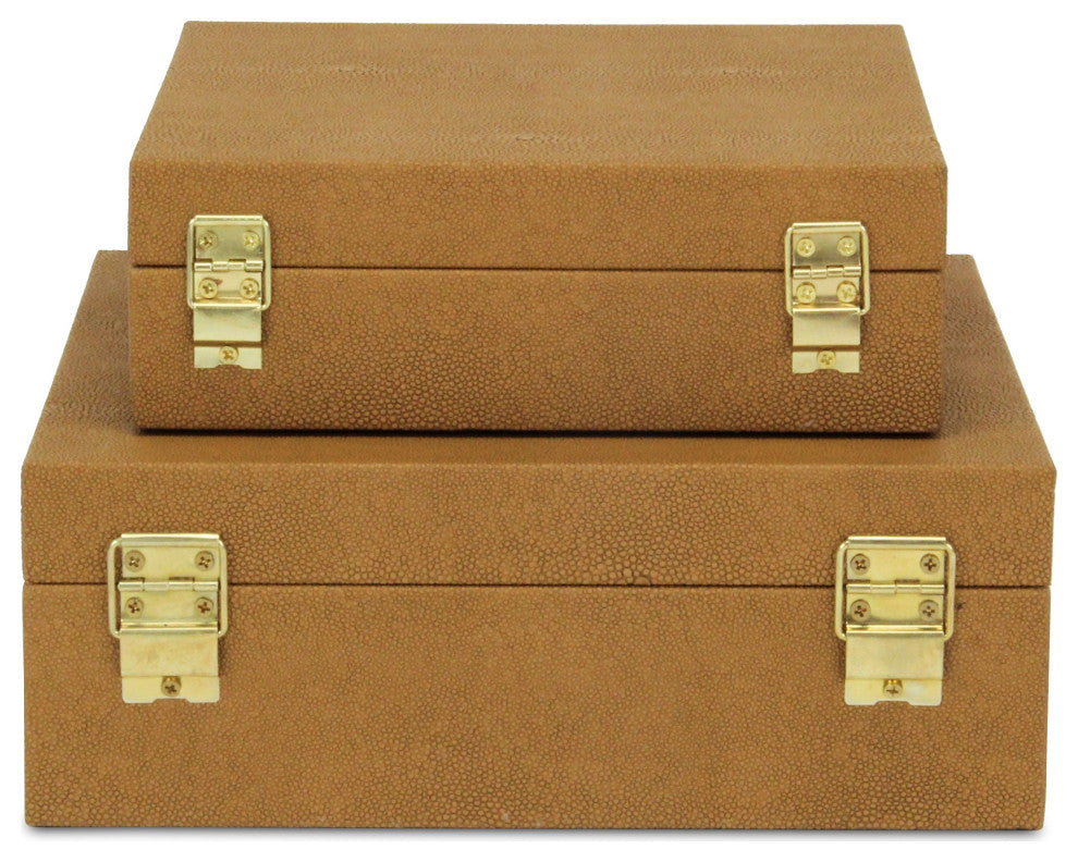 Lusan Square Decorative Box Set, Camel Brown Faux Shagreen