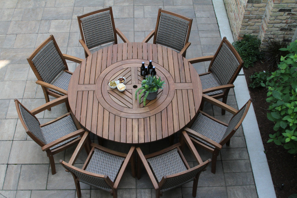 9-Piece Eucalyptus Round Lazy Susan Dining set With 8 Stacking Wicker Armchairs