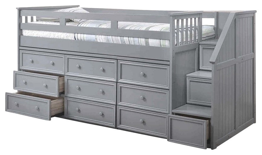 Marlena Grey Twin Storage Low Loft Bed with Stairs