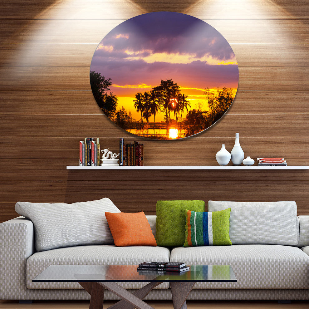 Colorful Flooded Field At Sunset, Landscape Round Metal Wall Art, 36"