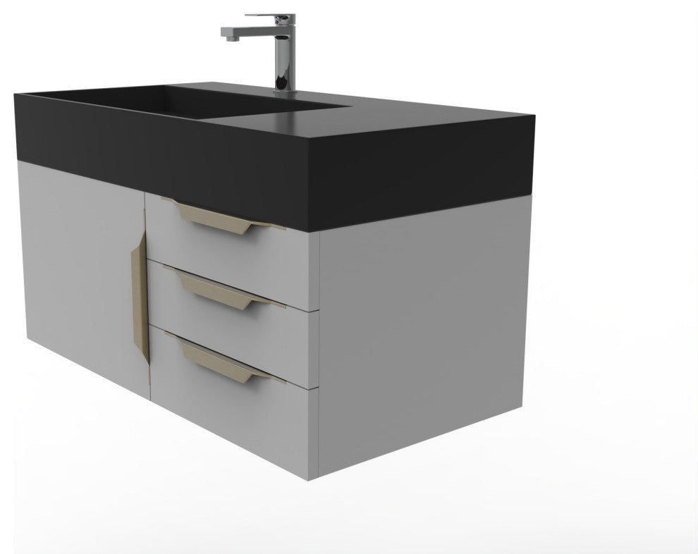 CastelloUSA Amazon 36" Wall Mount Vanity Set, Gray, Black Top, Gold Handles